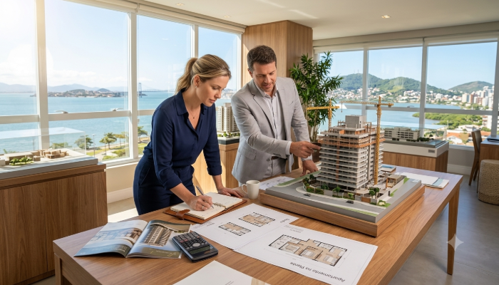 cliente e vendedor olohando a planta e projeto da contrutura antes de investir