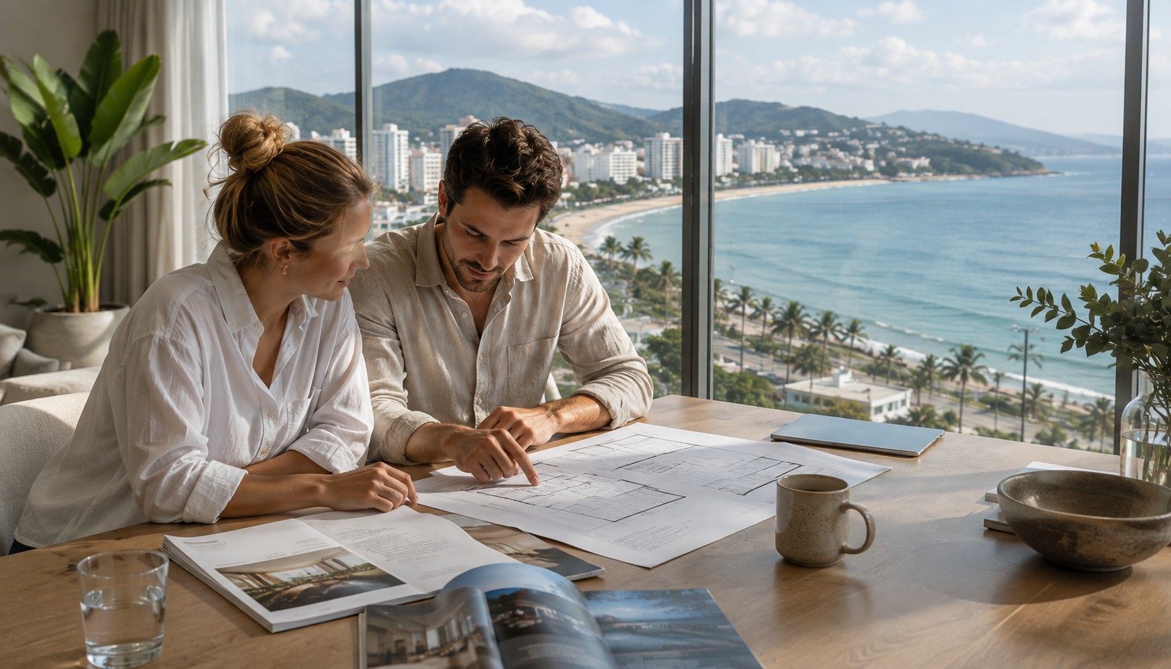 Casal estrangeiro analisando planta baixa e documentação de um imóvel em Florianópolis, com vista para a orla ao fundo, ilustrando o processo de compra de imóvel no Brasil por estrangeiros