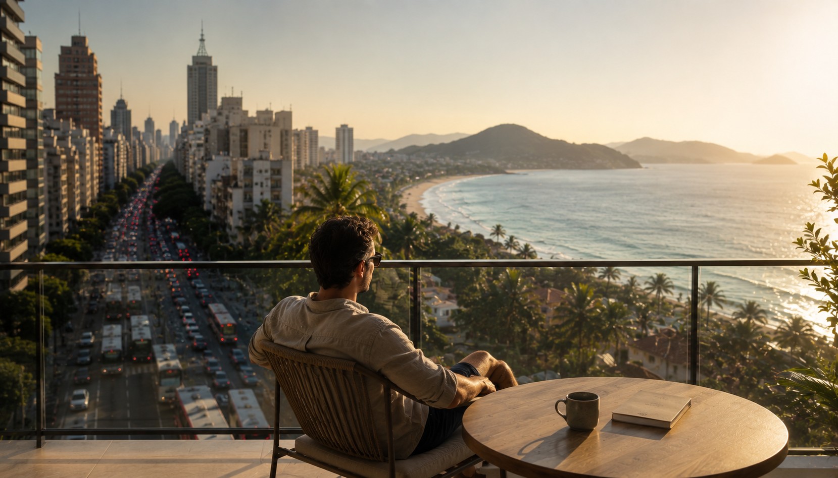 Homem observando o contraste entre o trânsito intenso de uma grande cidade e a orla tranquila de Florianópolis a partir de uma varanda, ilustrando a comparação de custo e qualidade de vida entre Florianópolis, São Paulo e Rio de Janeiro