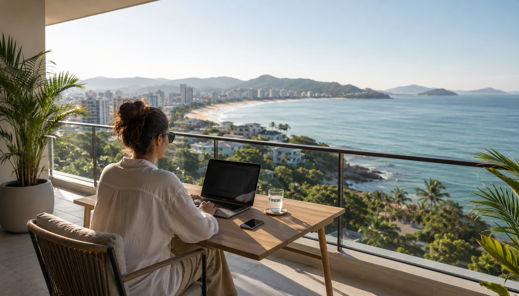 Profissional trabalhando remoto em notebook na varanda de um apartamento em Florianópolis, com vista para a orla e a Ponte Hercílio Luz ao fundo, ilustrando a rotina de um nômade digital na ilha