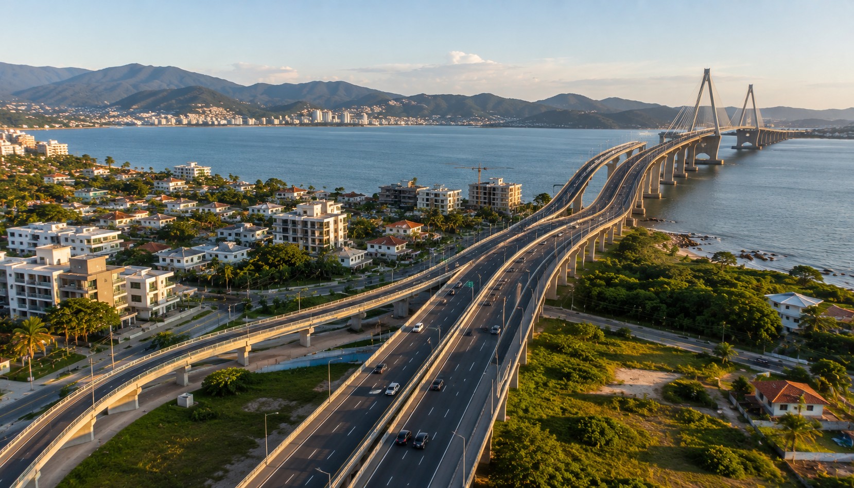 Vista aérea de uma via expressa e ponte moderna se conectando a um bairro residencial litorâneo em desenvolvimento em Florianópolis, ilustrando o impacto de obras de infraestrutura na valorização futura dos imóveis