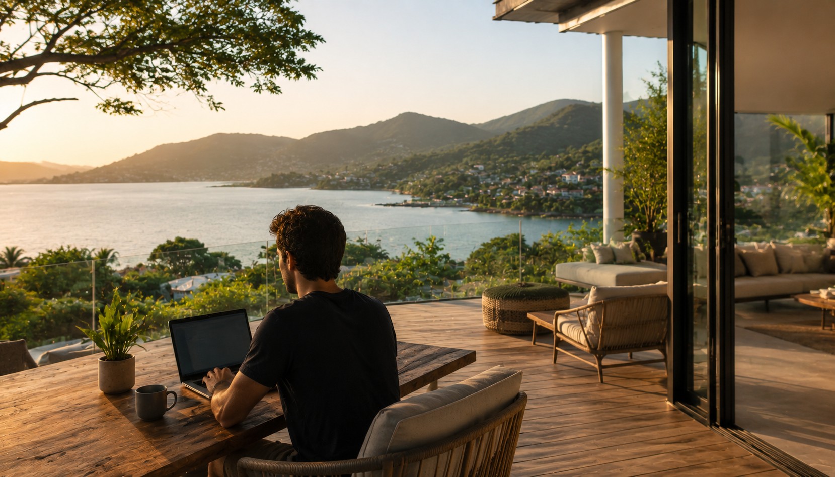 Profissional trabalhando remoto em notebook numa varanda com vista para a Lagoa da Conceição ao entardecer, ilustrando o estilo de vida e a demanda de nômades digitais por imóveis na região