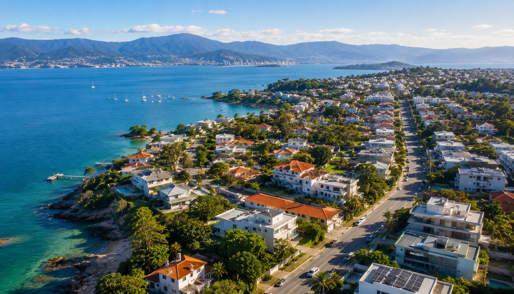 Vista aérea de um bairro litorâneo de Florianópolis em dia claro, com casas e prédios entre a orla e o costão rochoso, ilustrando a sazonalidade do mercado imobiliário e o melhor momento para comprar um imóvel na ilha