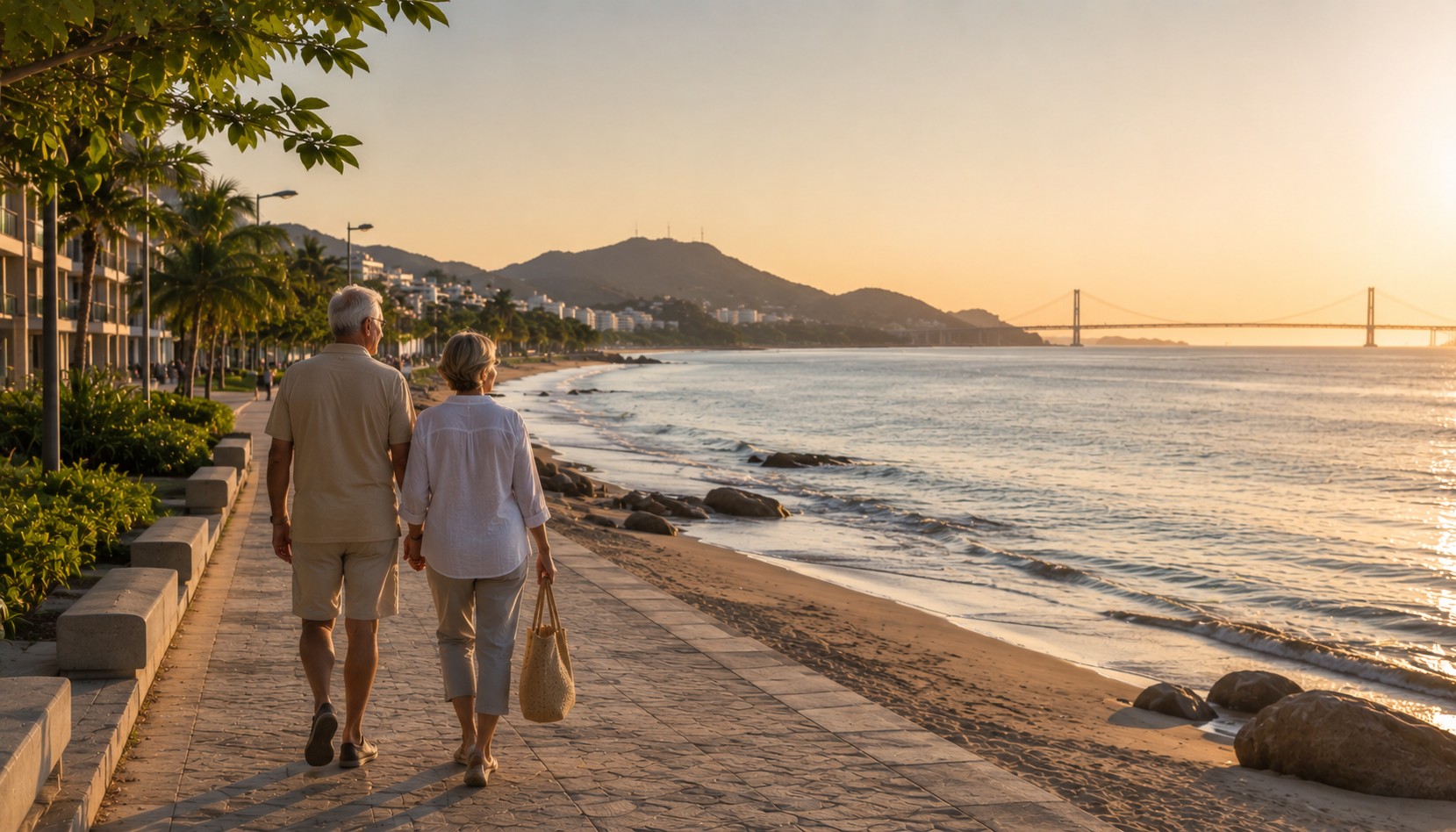 Casal de idosos caminhando de mãos dadas na orla de Florianópolis ao entardecer, com vista para a ponte e o mar ao fundo, ilustrando a qualidade de vida de morar na ilha após a aposentadoria