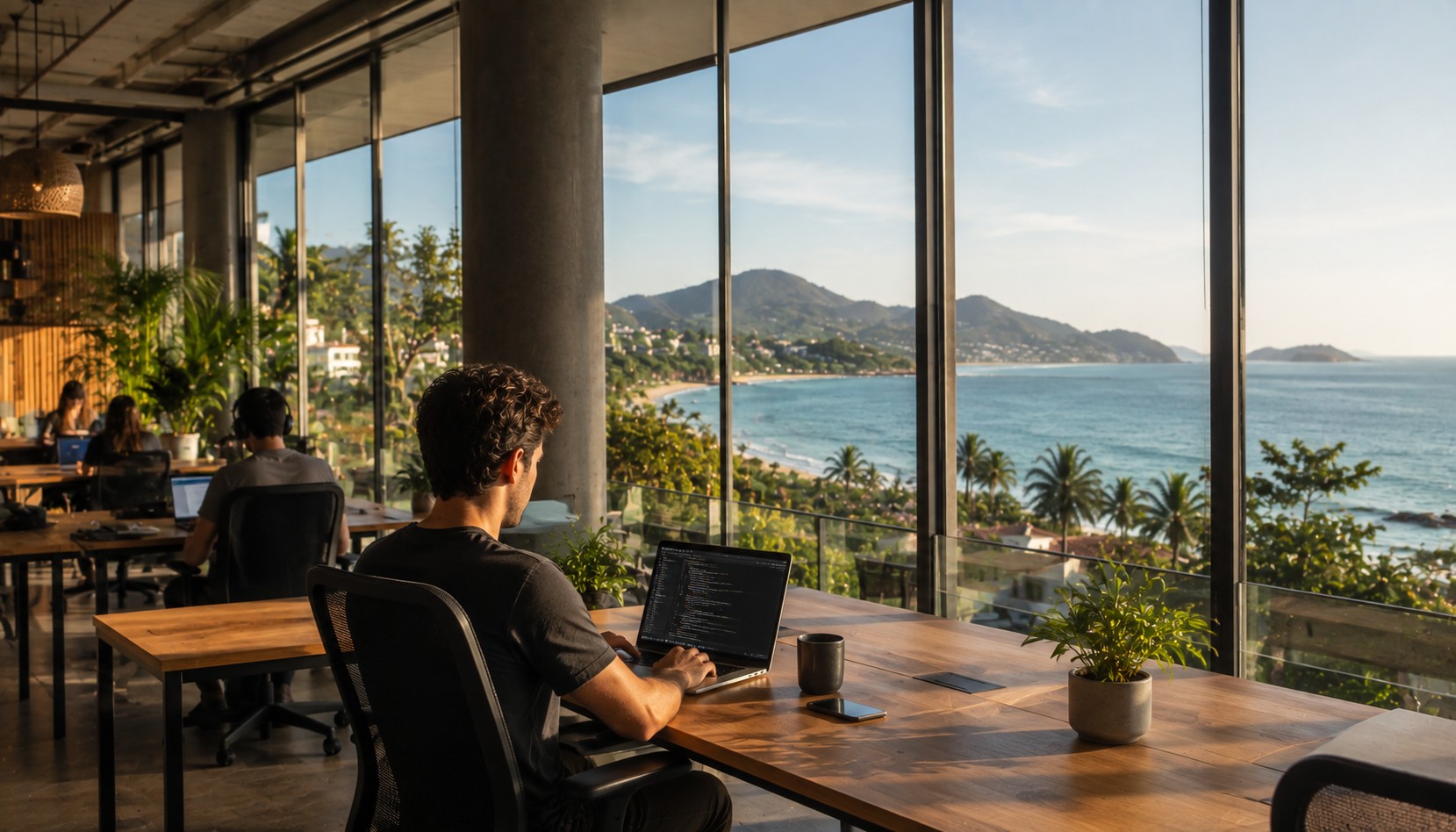 Profissional de tecnologia trabalhando em notebook num espaço de coworking moderno com vista para a orla de Florianópolis, ilustrando o relocation de profissionais de tech para a ilha