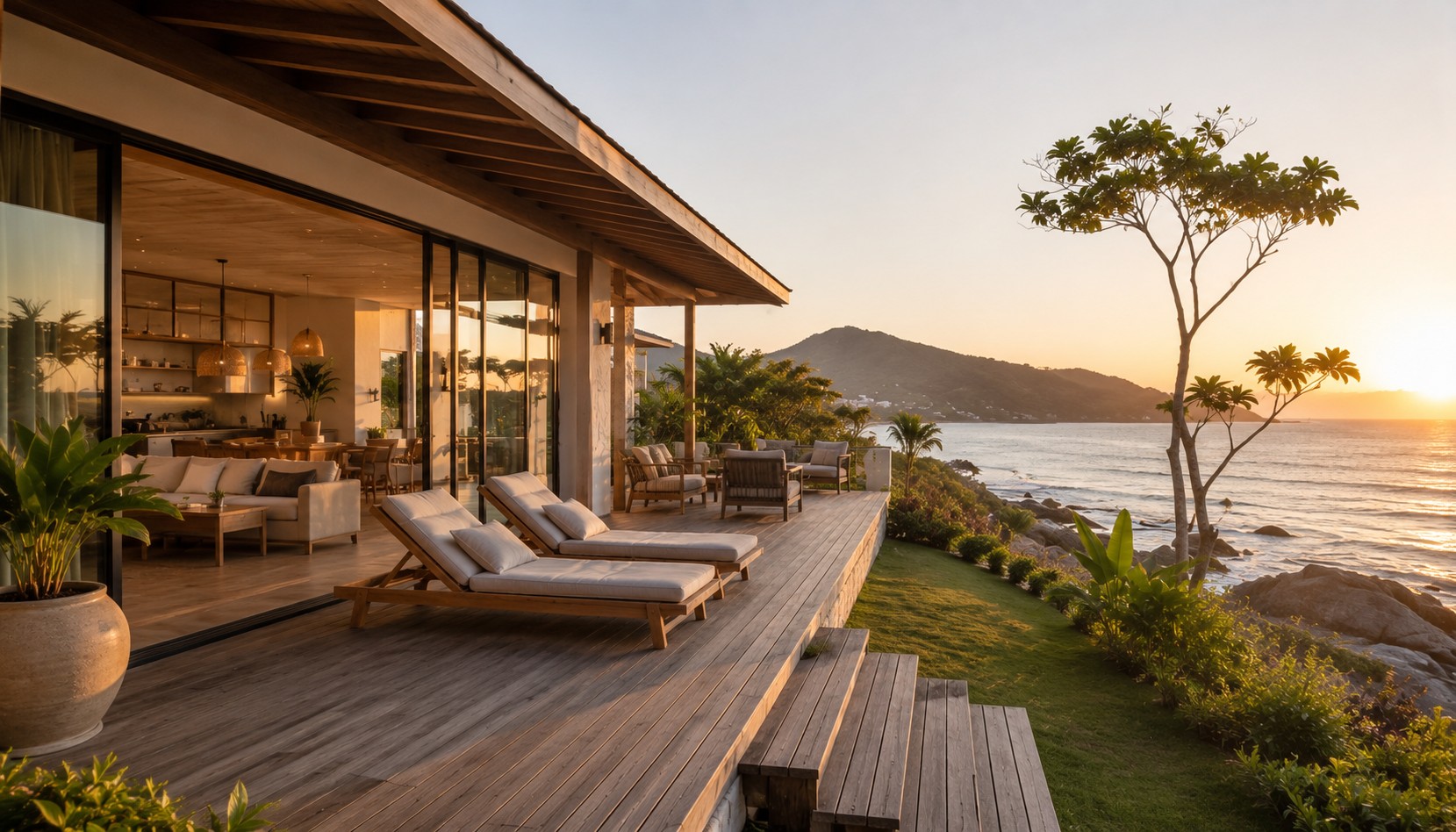 Casa de veraneio moderna à beira-mar em Florianópolis, com deck de madeira, área de estar externa e vista para o pôr do sol, exemplo de segunda casa na ilha