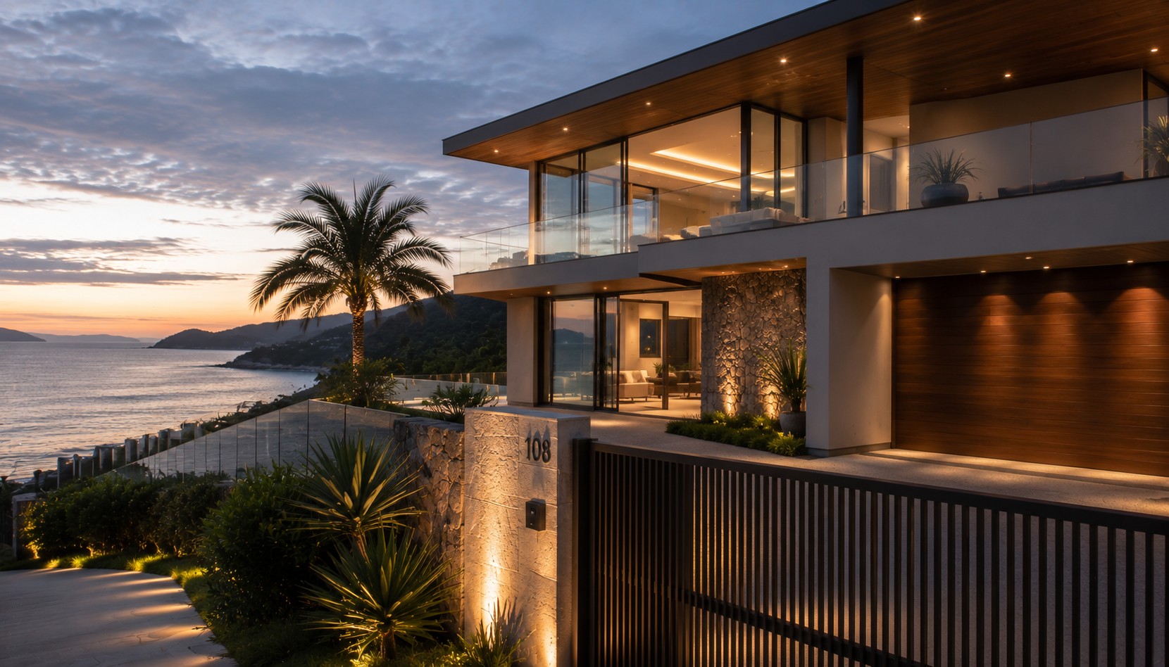 Fachada de uma casa de alto padrão à beira-mar em Florianópolis ao entardecer, com arquitetura contemporânea, iluminação externa e portão de segurança, transmitindo exclusividade e proteção patrimonial