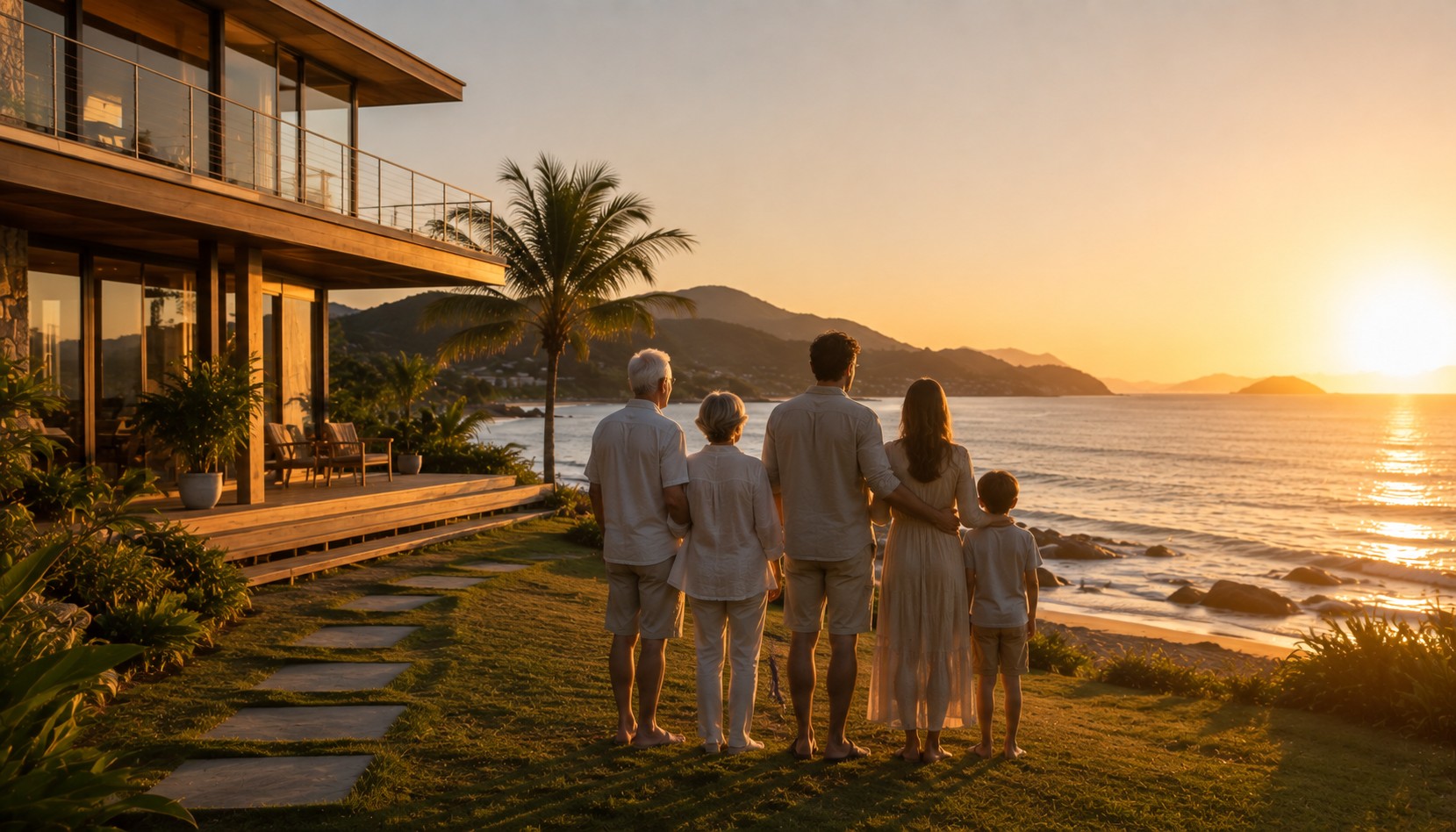 Família de três gerações reunida em frente a uma casa moderna à beira-mar em Florianópolis ao entardecer, simbolizando legado e planejamento sucessório de um patrimônio imobiliário