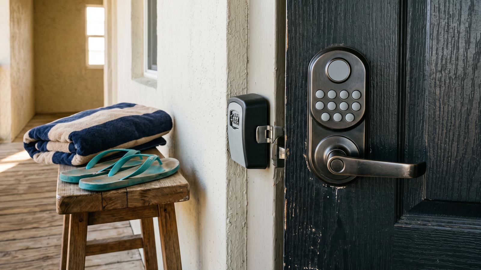 Puerta de un departamento con cerradura digital y una toalla de playa doblada en un banquito.