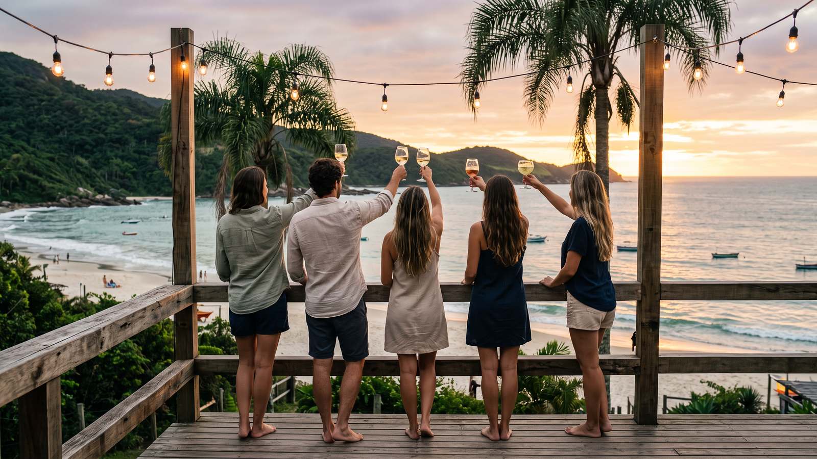 Un grupo de amigos de espaldas brindando en un deck frente al mar al atardecer.