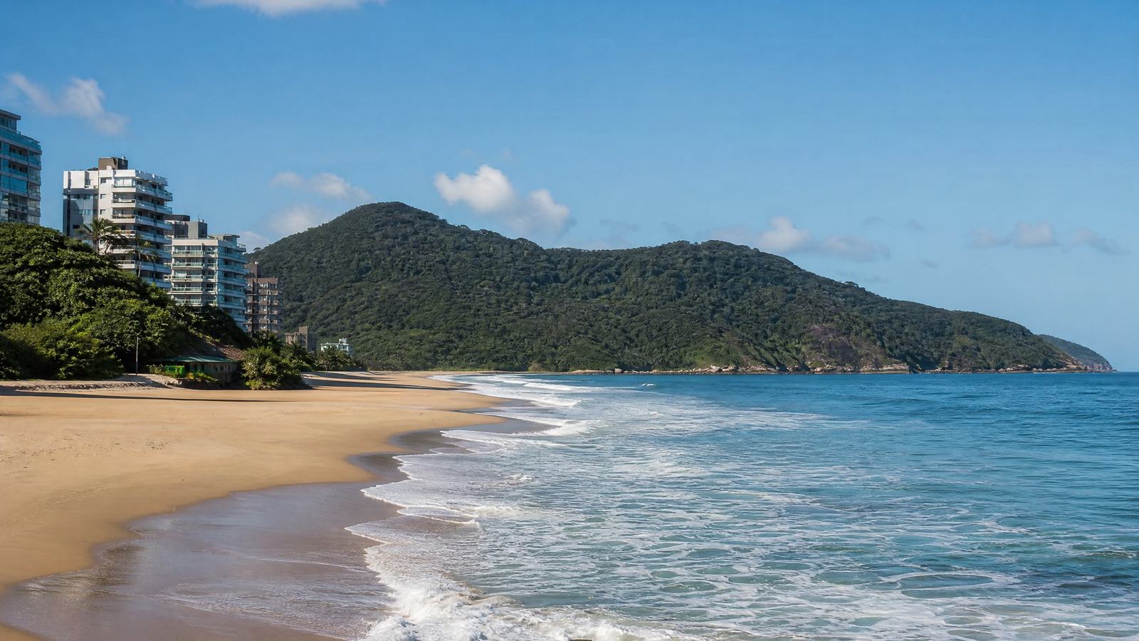 La Praia Brava de Itajaí con olas y morros verdes.