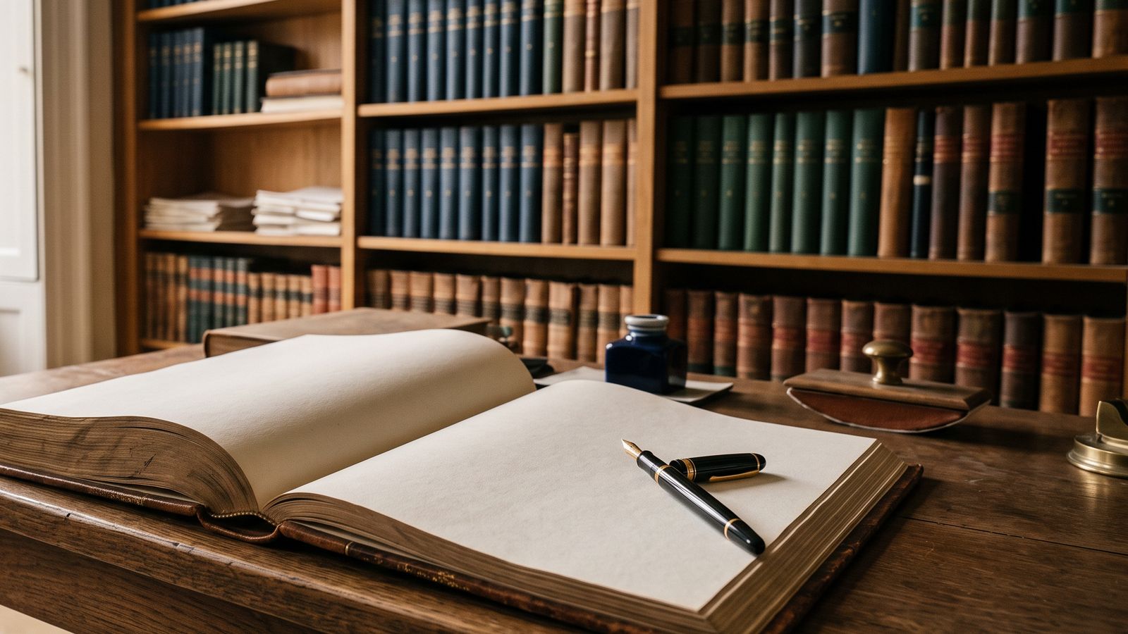 Livro de registro aberto com uma caneta-tinteiro sobre a mesa de um cartório, com estantes de arquivo ao fundo.
