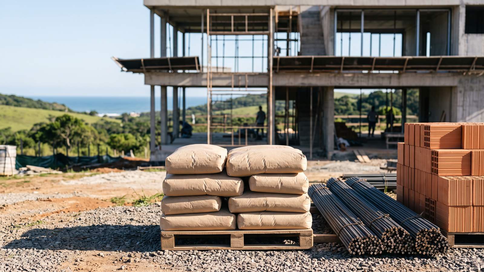 Materiais de obra organizados num canteiro limpo: sacos de cimento, vergalhões e tijolos empilhados.