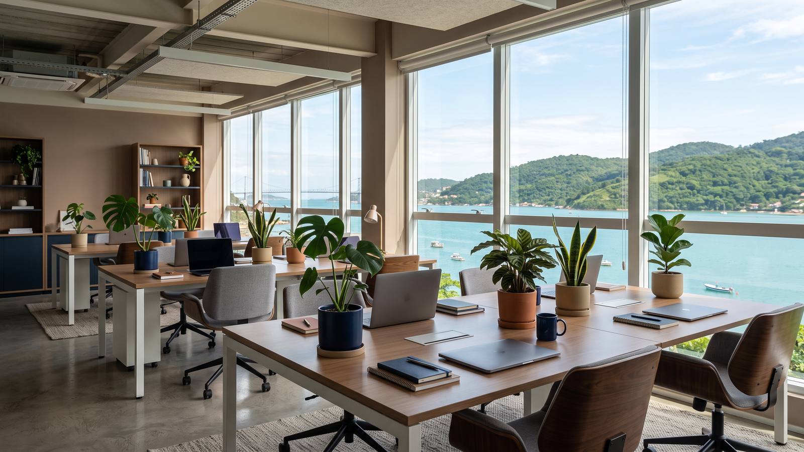 Escritório moderno com janelões para a baía e os morros de Florianópolis, com mesas arrumadas.