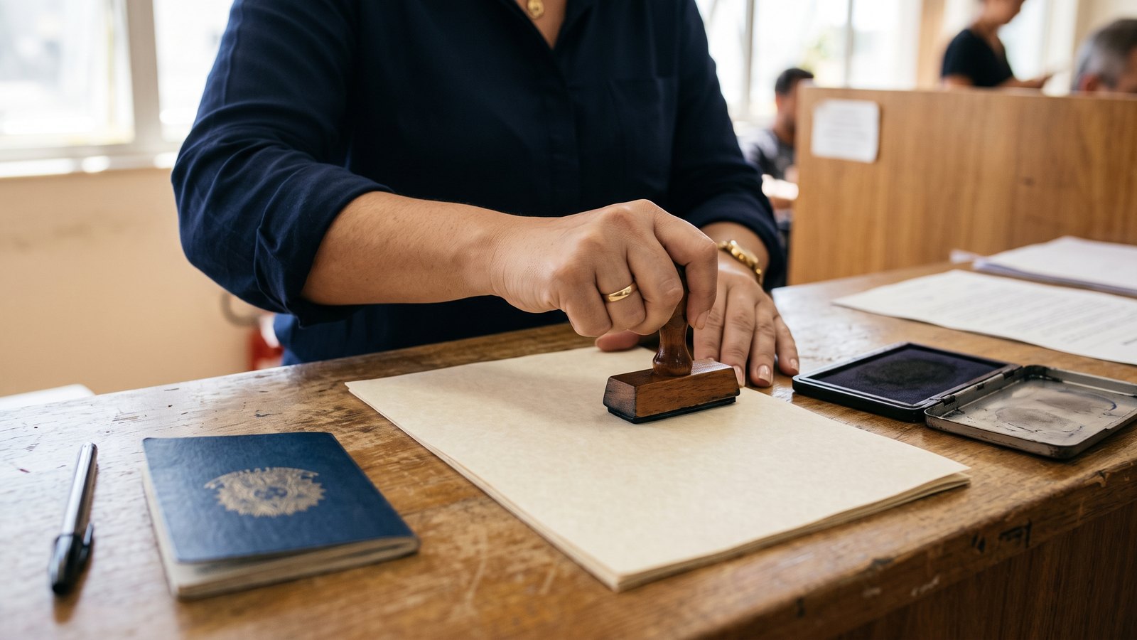 Manos que sellan un documento en el mostrador de un cartório, junto a un pasaporte.