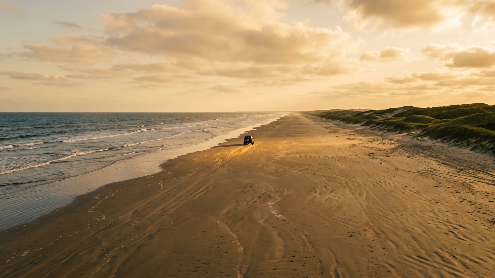 La playa del Cassino que se pierde en el horizonte, con un auto a lo lejos.