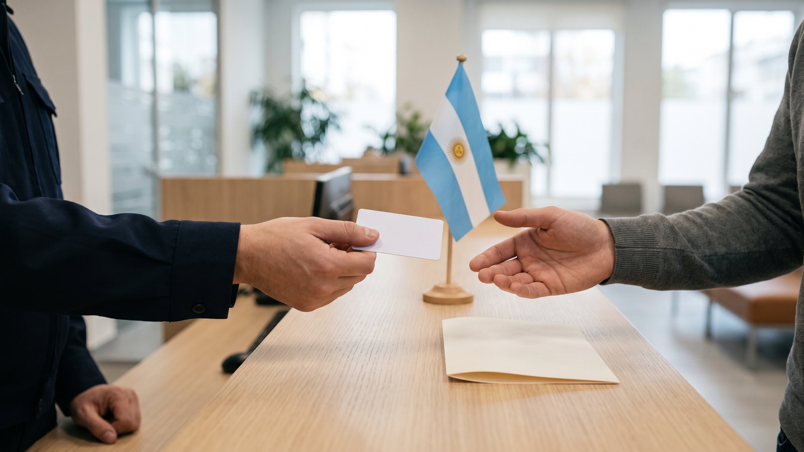 Mano entregando un documento nuevo en el mostrador de un consulado, con una banderita argentina.