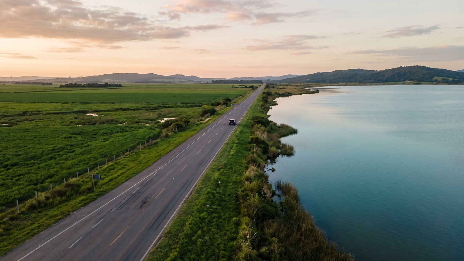 Rodovia reta entre campos verdes e uma lagoa calma ao nascer do sol, com um carro ao longe.