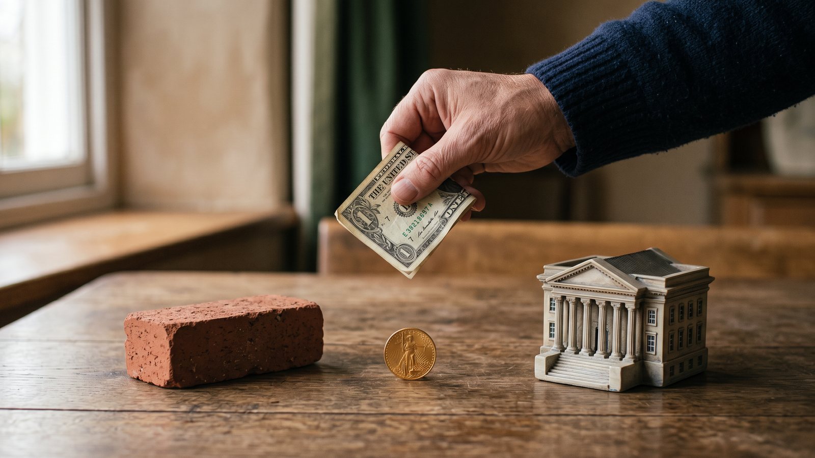 Una mano con un dólar duda entre un ladrillo, una moneda de oro y un banquito en miniatura.