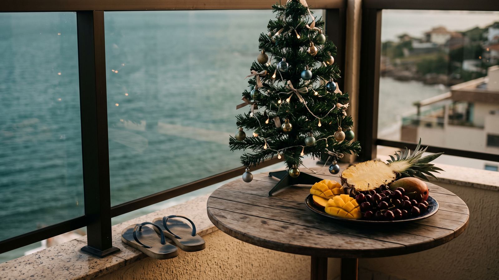 Arbolito de Navidad y frutas tropicales en un balcón frente al mar, con ojotas en el piso.
