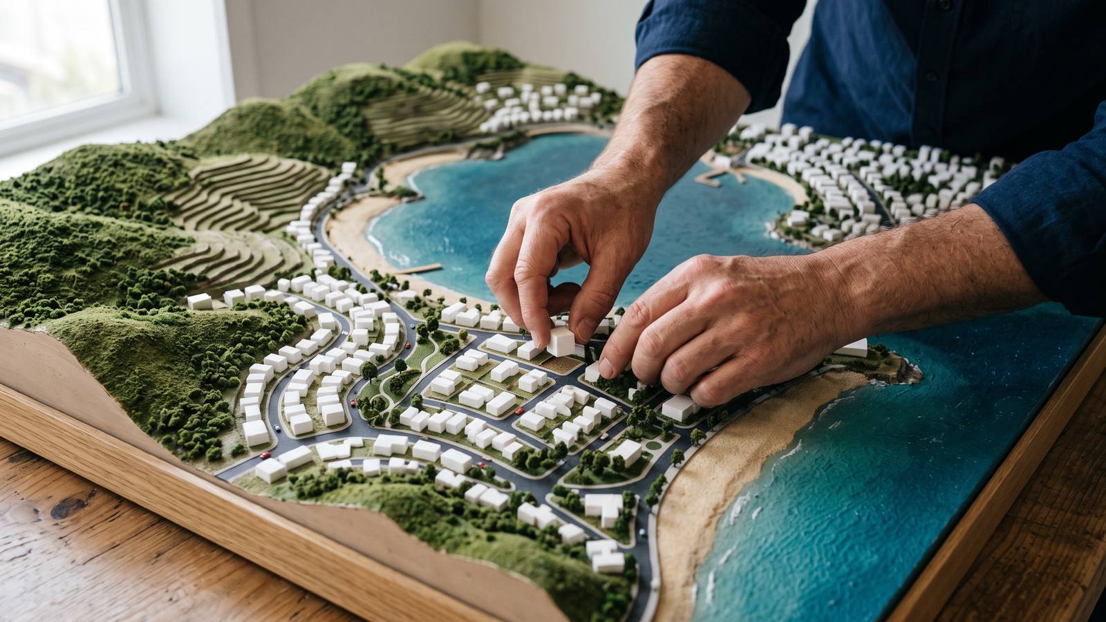 Manos colocando un edificio en una maqueta urbana de una ciudad costera con morros verdes.