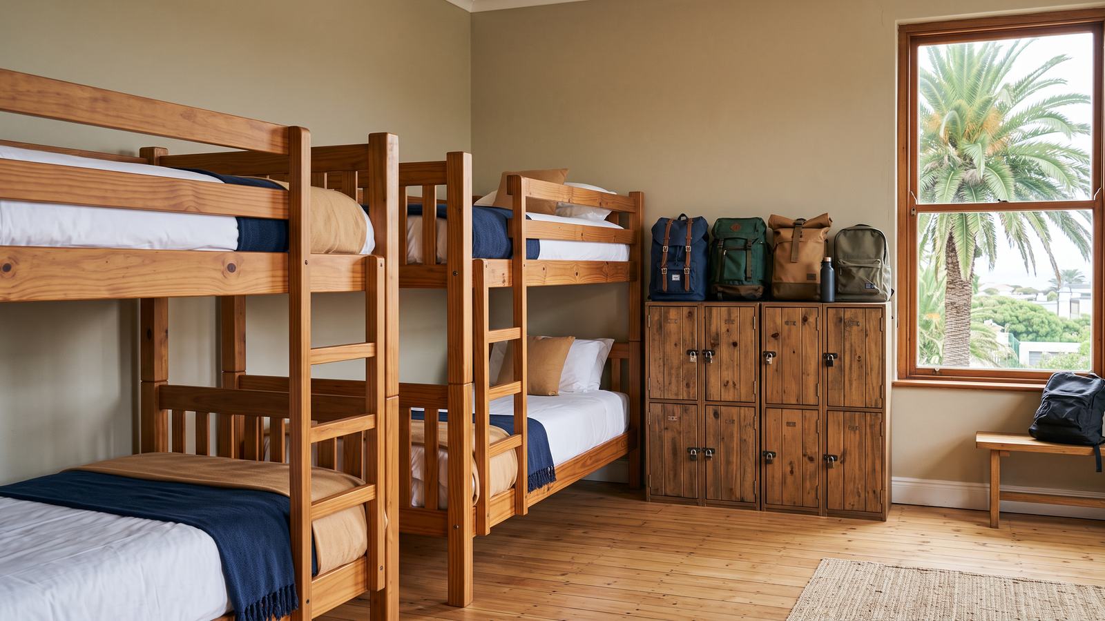 Un cuarto de hostel con cuchetas de madera y mochilas.