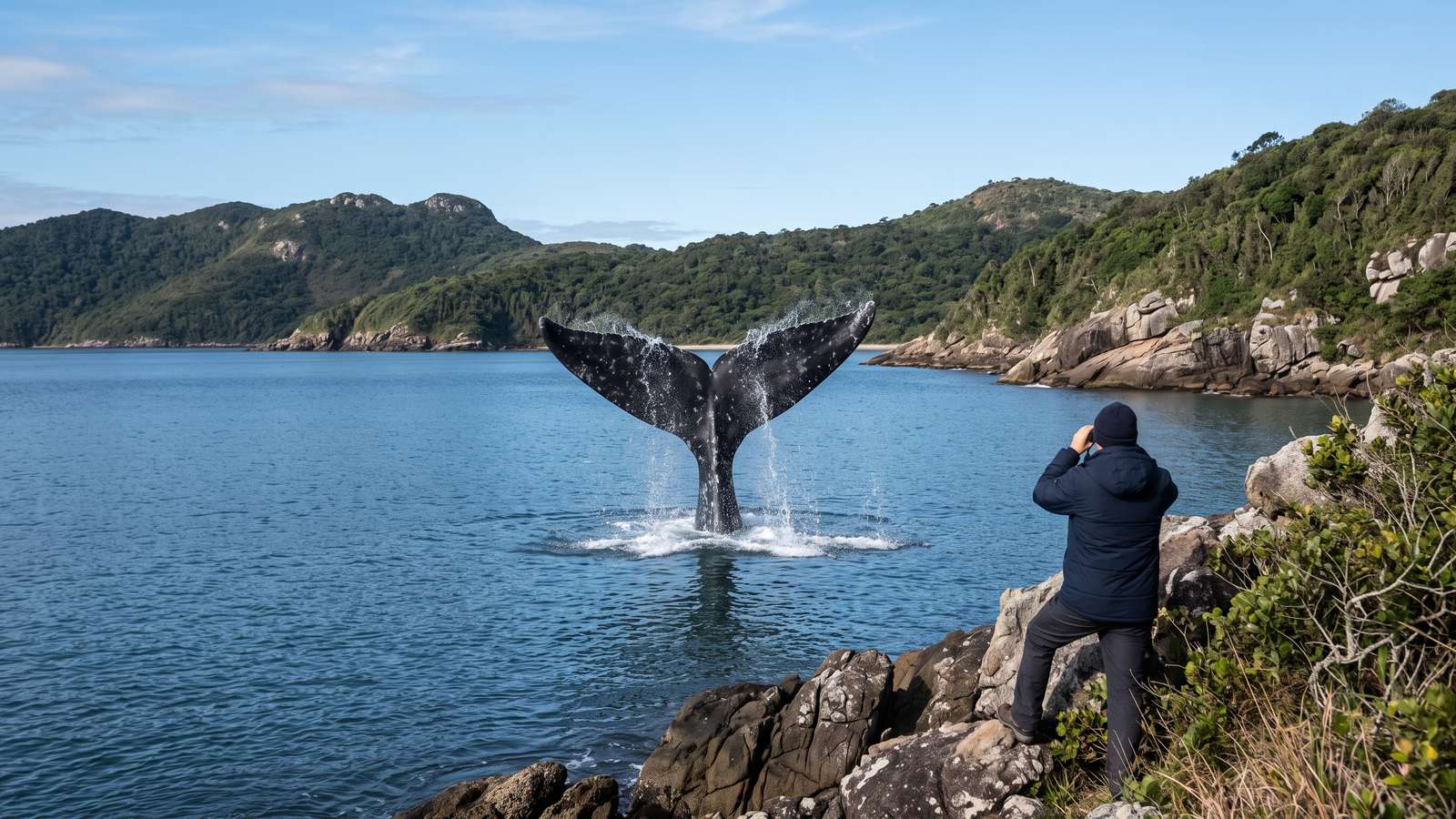 Cola de ballena franca asomando en una bahía calma de invierno, en la costa de Santa Catarina.