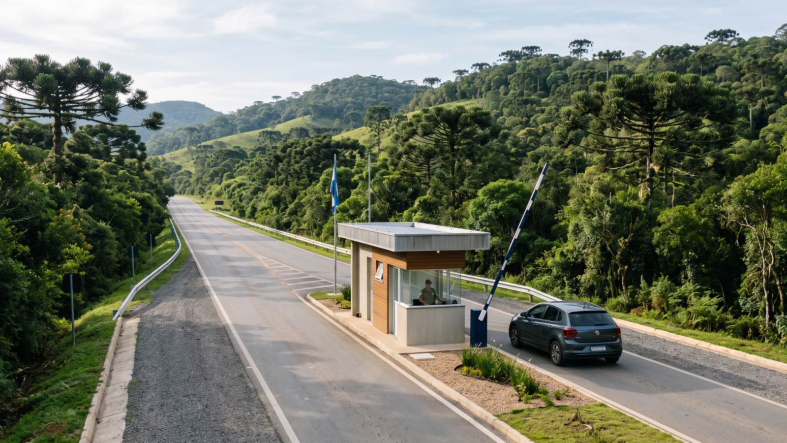 Un puesto de frontera en una ruta asfaltada entre cerros verdes y araucarias.
