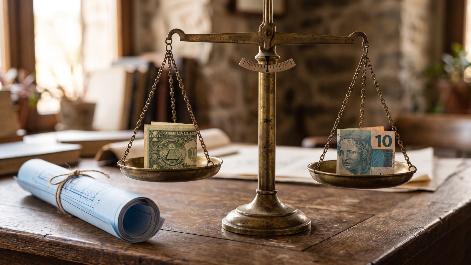 Balanza antigua con un dólar y un real en equilibrio, sobre un plano de arquitectura.