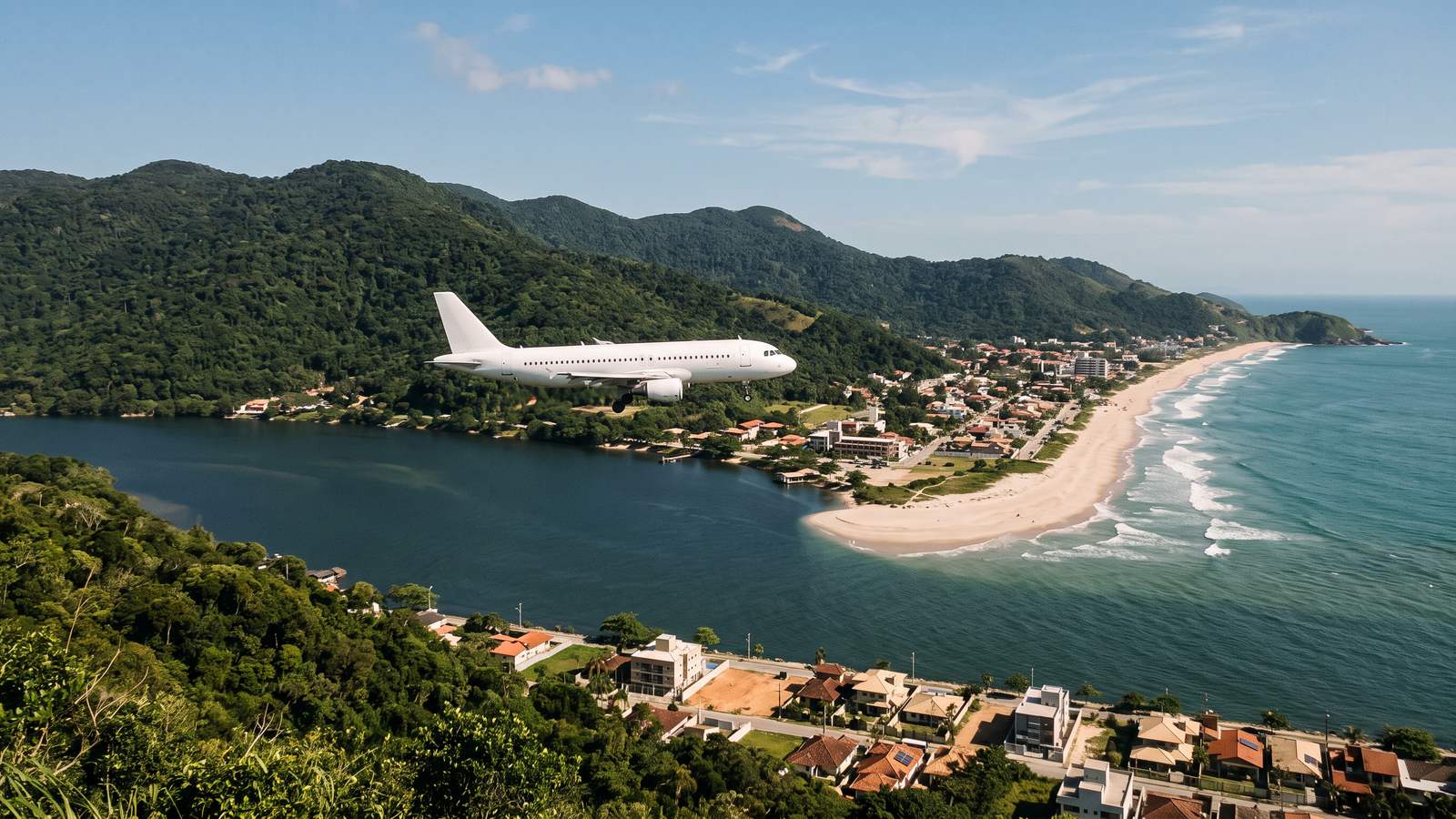 Um avião pousando sobre a foz de um rio e uma cidade litorânea.