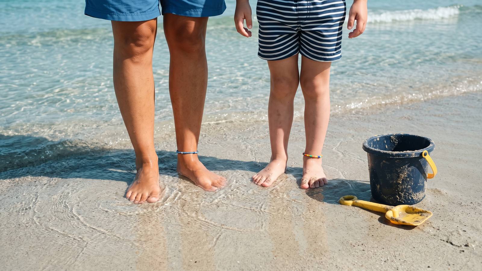 Pies de un adulto y de un chico en agua playa y transparente, con un baldecito.