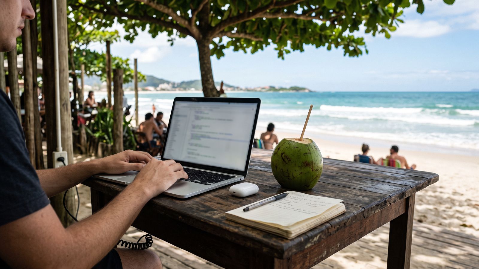 Notebook abierta en una mesa de madera a la sombra, con un coco y el mar a pocos metros.