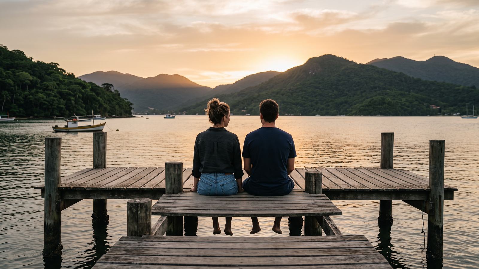 Um casal de costas sentado num trapiche ao entardecer.