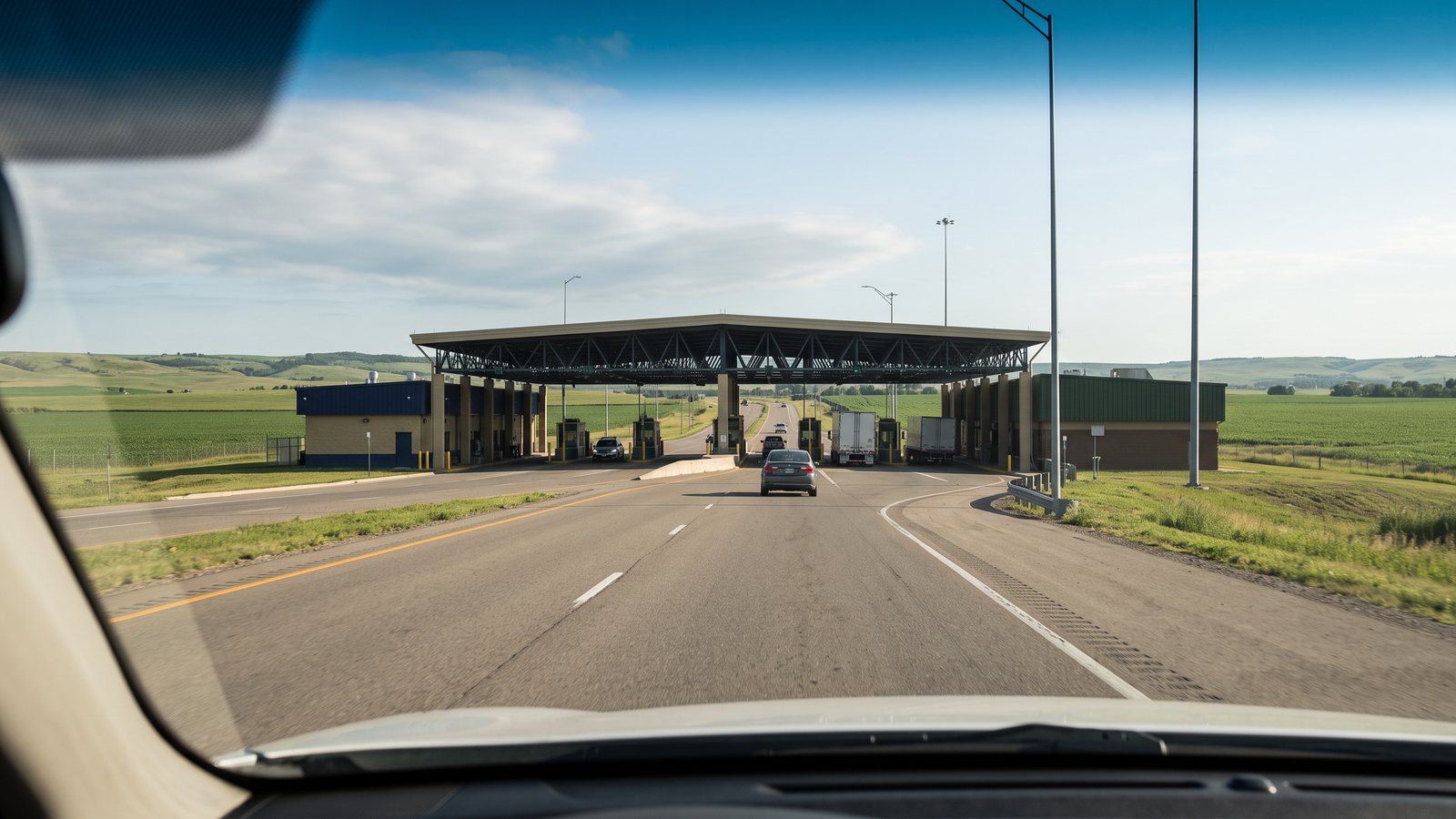 Vista desde el parabrisas de un auto que llega a un paso de frontera entre campos.