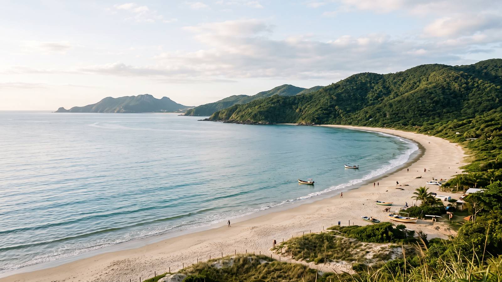 A praia curva da Pinheira, com água calma e morros verdes.