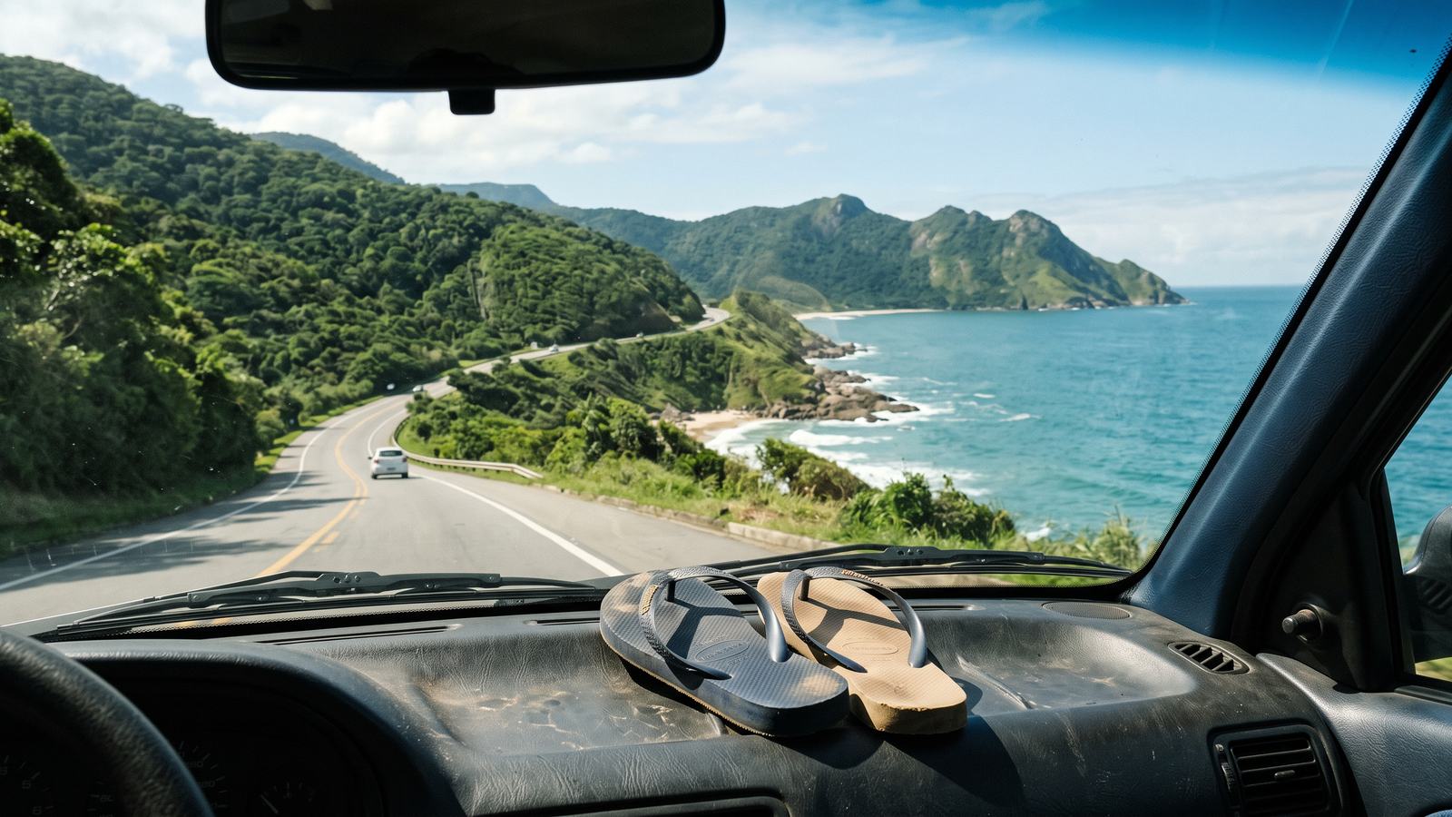 Ojotas sobre el tablero del auto, con la ruta costera y el mar adelante.