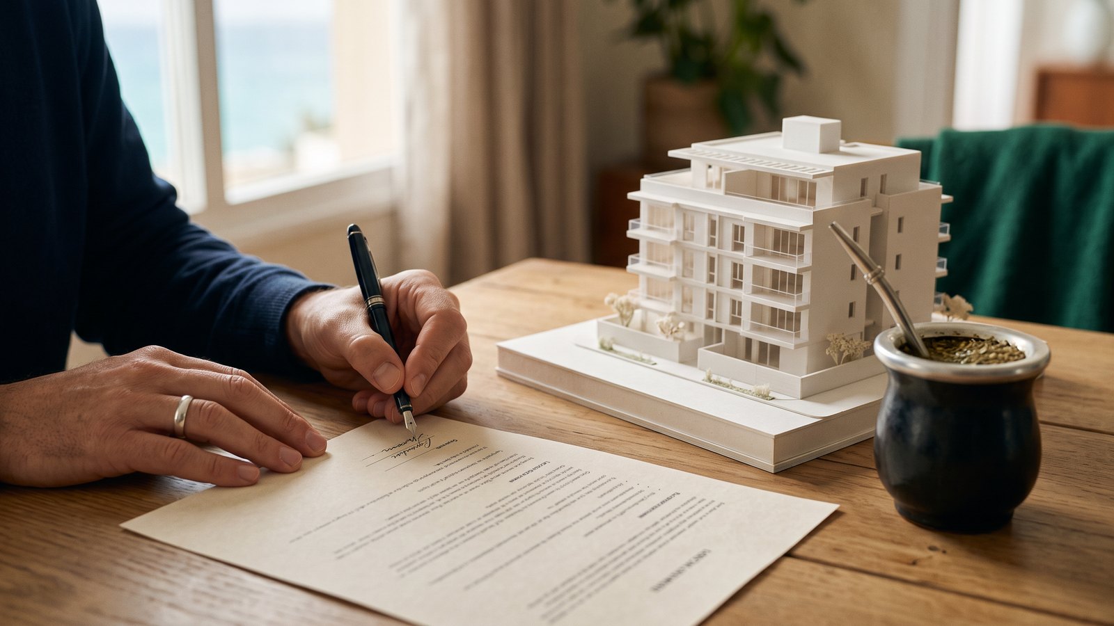 Manos firmando un documento junto a la maqueta de un edificio y un mate.