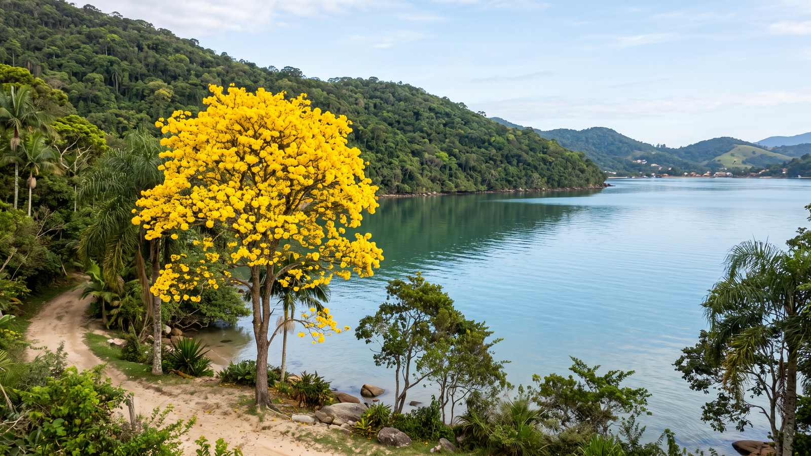 Um ipê-amarelo florido ao lado de uma baía calma.