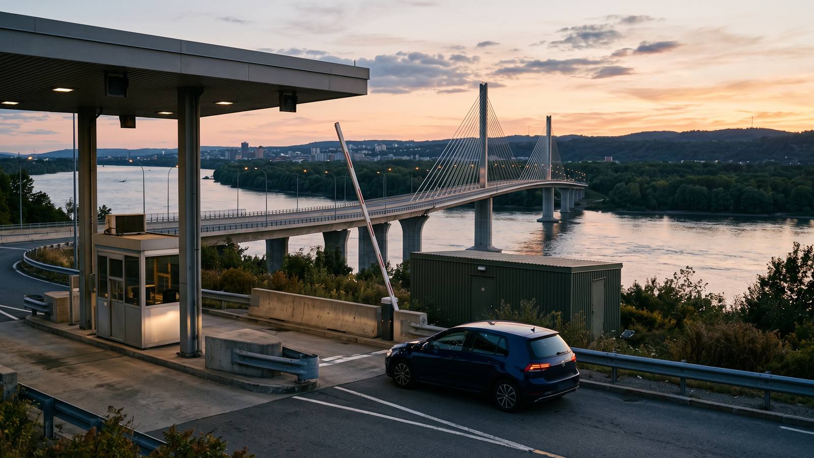 Un puente moderno sobre un río al atardecer, con la cabina de peaje adelante.