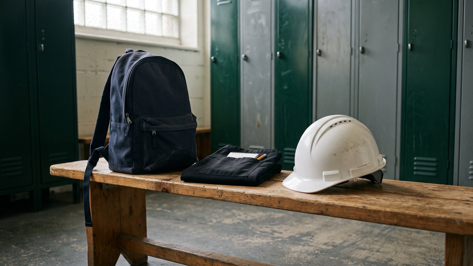 Una mochila de notebook, un delantal de mozo y un casco de obra, uno al lado del otro sobre un banco.