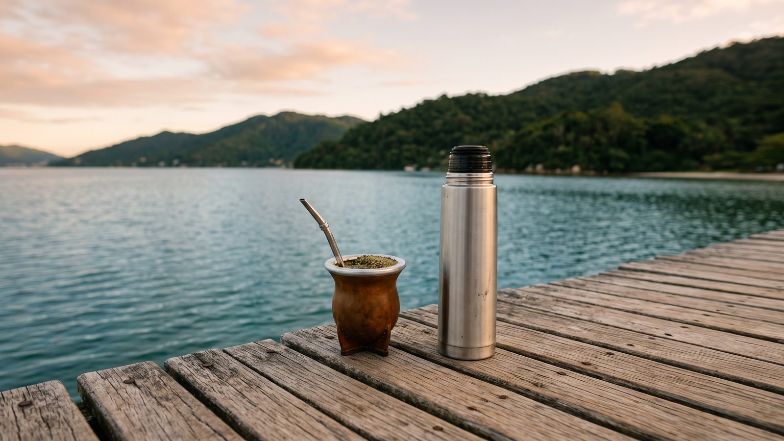 Mate y termo sobre un muelle de madera al amanecer, frente a una bahía calma.
