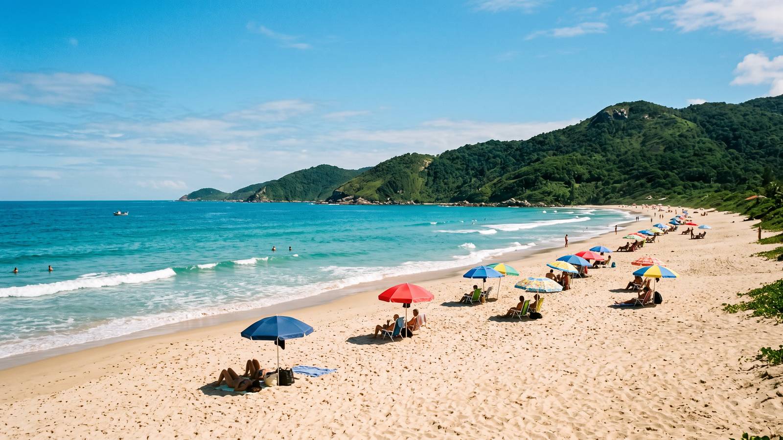 Dia de verão numa praia de Florianópolis, com guarda-sóis coloridos espaçados, mar turquesa e morros verdes.