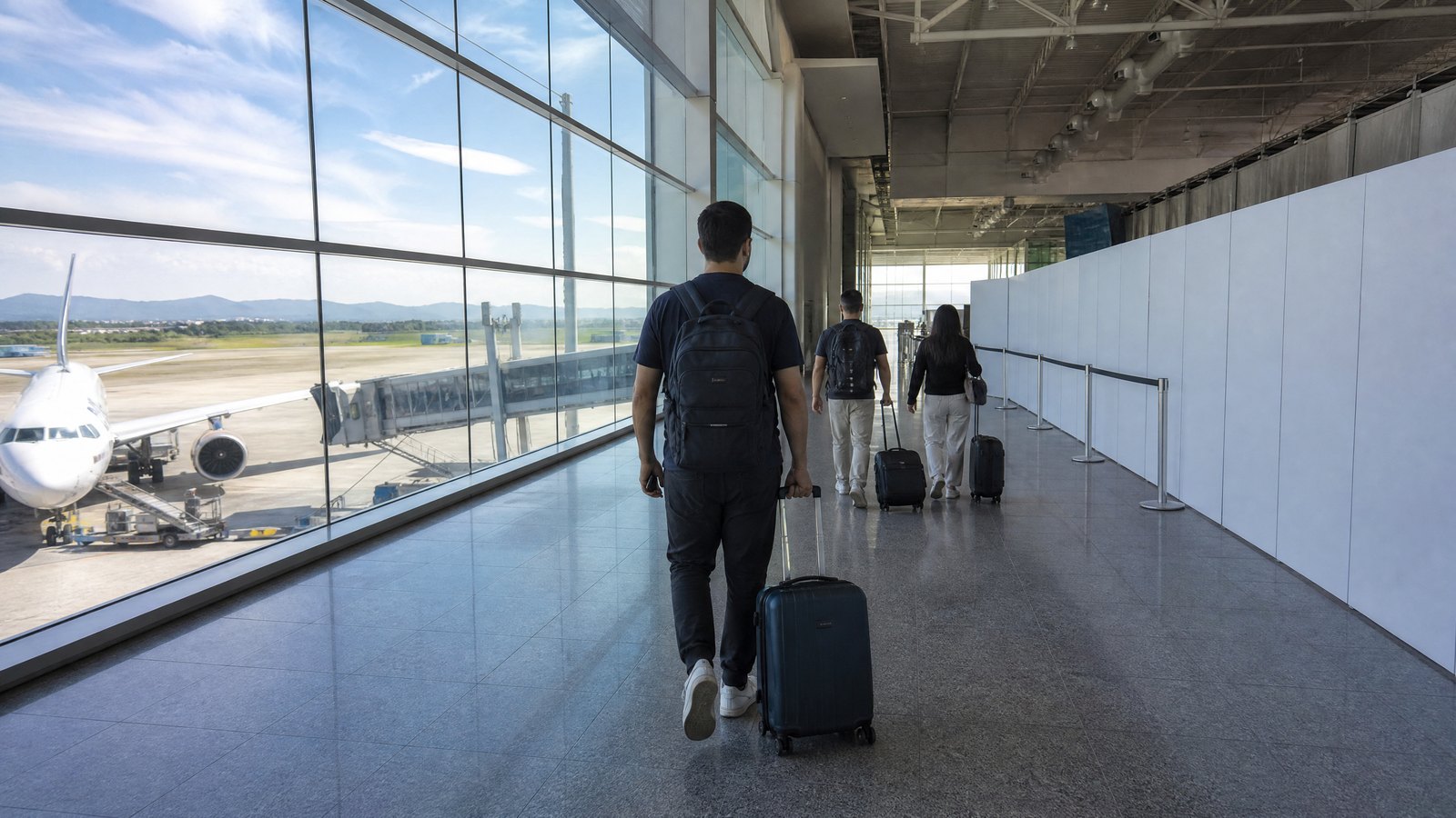 Pasajeros con valijas en el área de embarque del aeropuerto de Florianópolis, con un avión en la pista y tabiques de obra