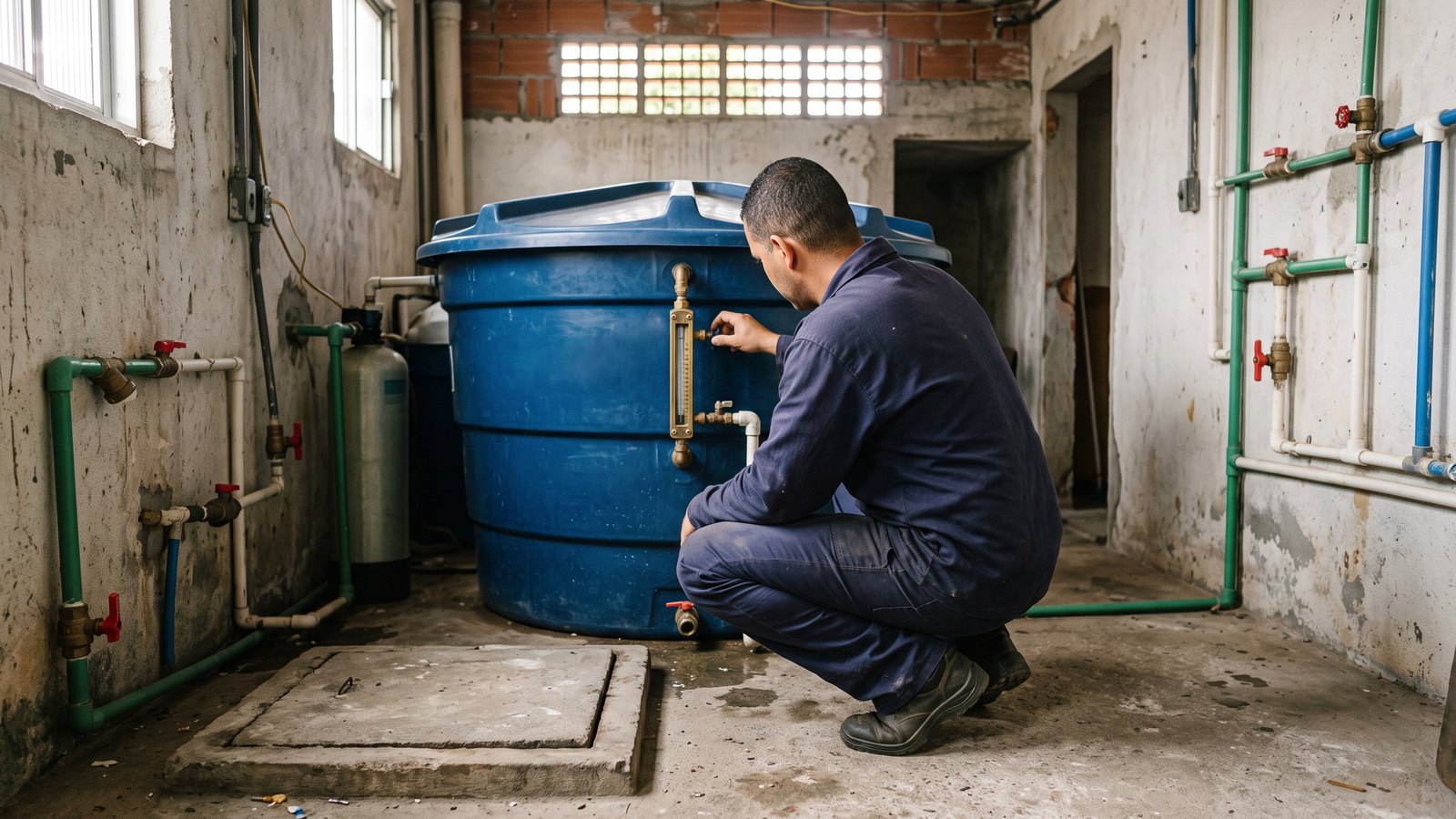 Técnico agachado revisando el nivel del tanque de agua azul en la sala de bombas de un edificio residencial