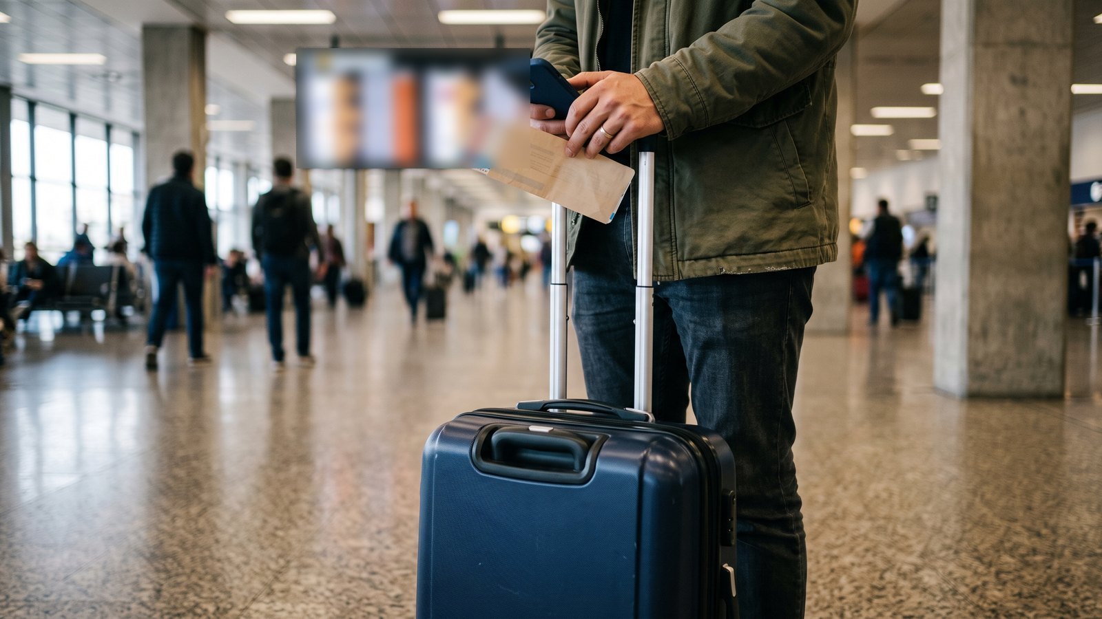 Pasajero con valija de mano en el hall de un aeropuerto, con el celular y la tarjeta de embarque en la mano