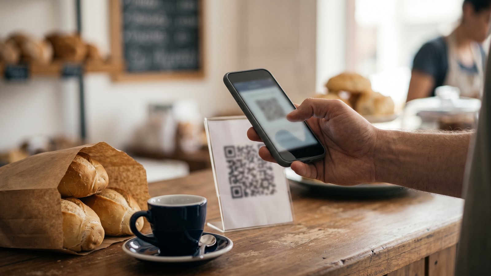 Mano con celular frente a un código QR sobre el mostrador de una panadería, con pan y un café