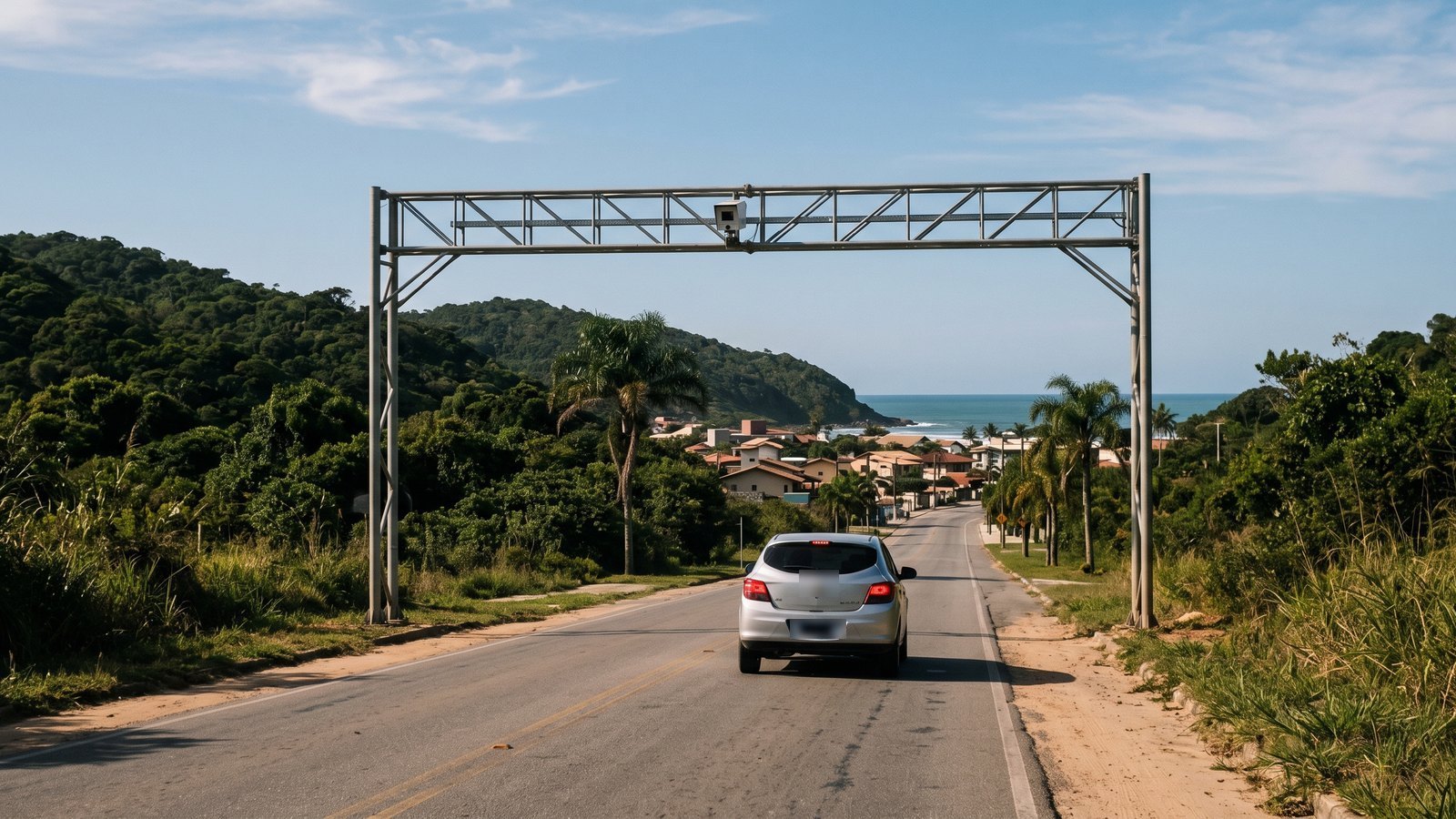 Auto pasando bajo un pórtico con cámara en la ruta de entrada a una ciudad de playa de Santa Catarina